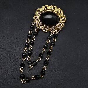 Black Gold Tone Chained Brooch Vintage Costume Jewelry